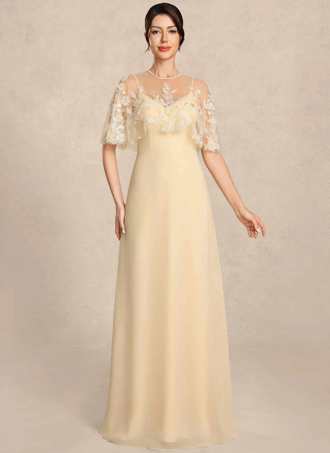 Graceful A-Line Illusion Capelet Embroidered Champagne Long Mother Of The Bride Dress