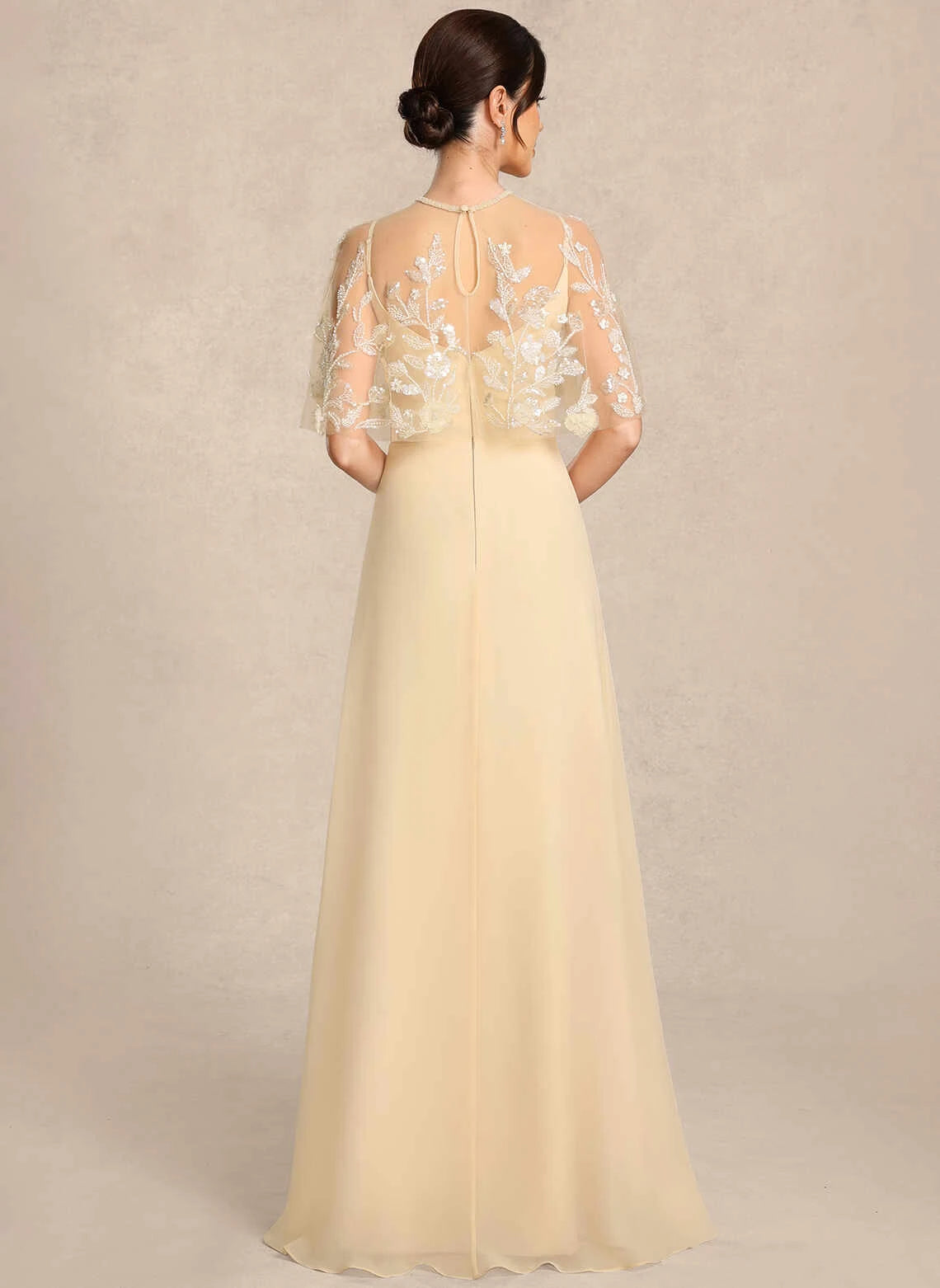 Graceful A-Line Illusion Capelet Embroidered Champagne Long Mother Of The Bride Dress