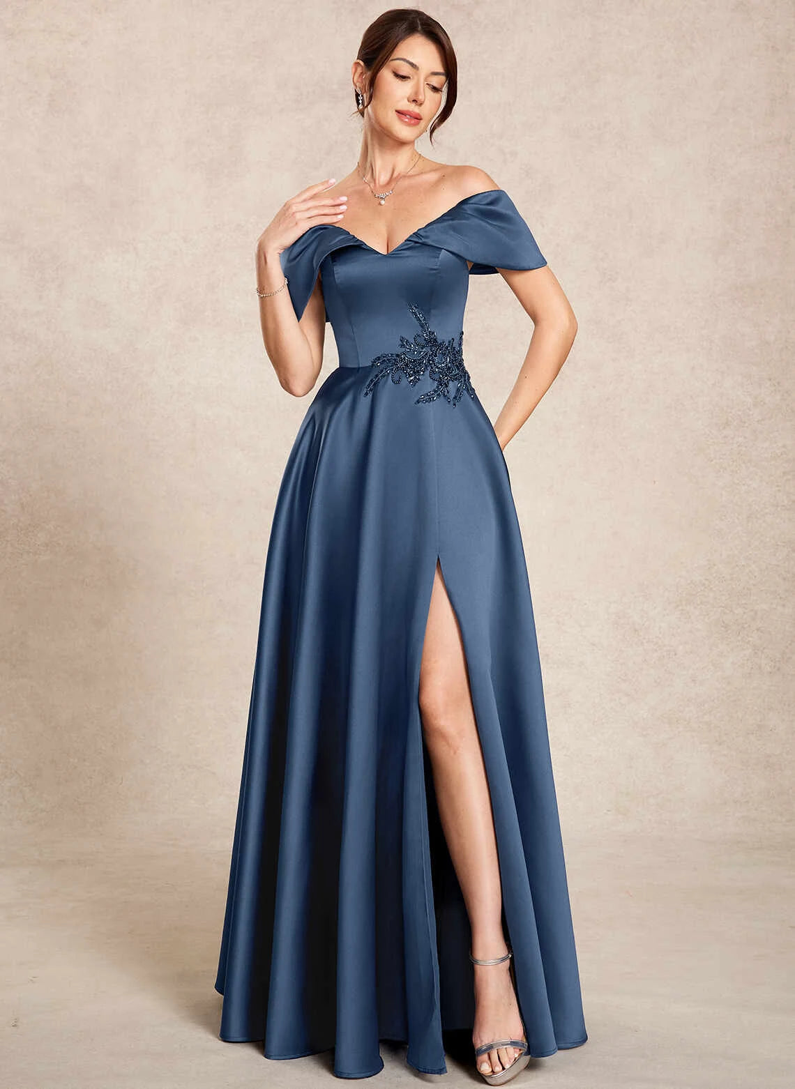 Graceful A-Line Off-Shoulder Sleeved Embroidered Slit Navy Long Mother-of-the-Bride Women Dress