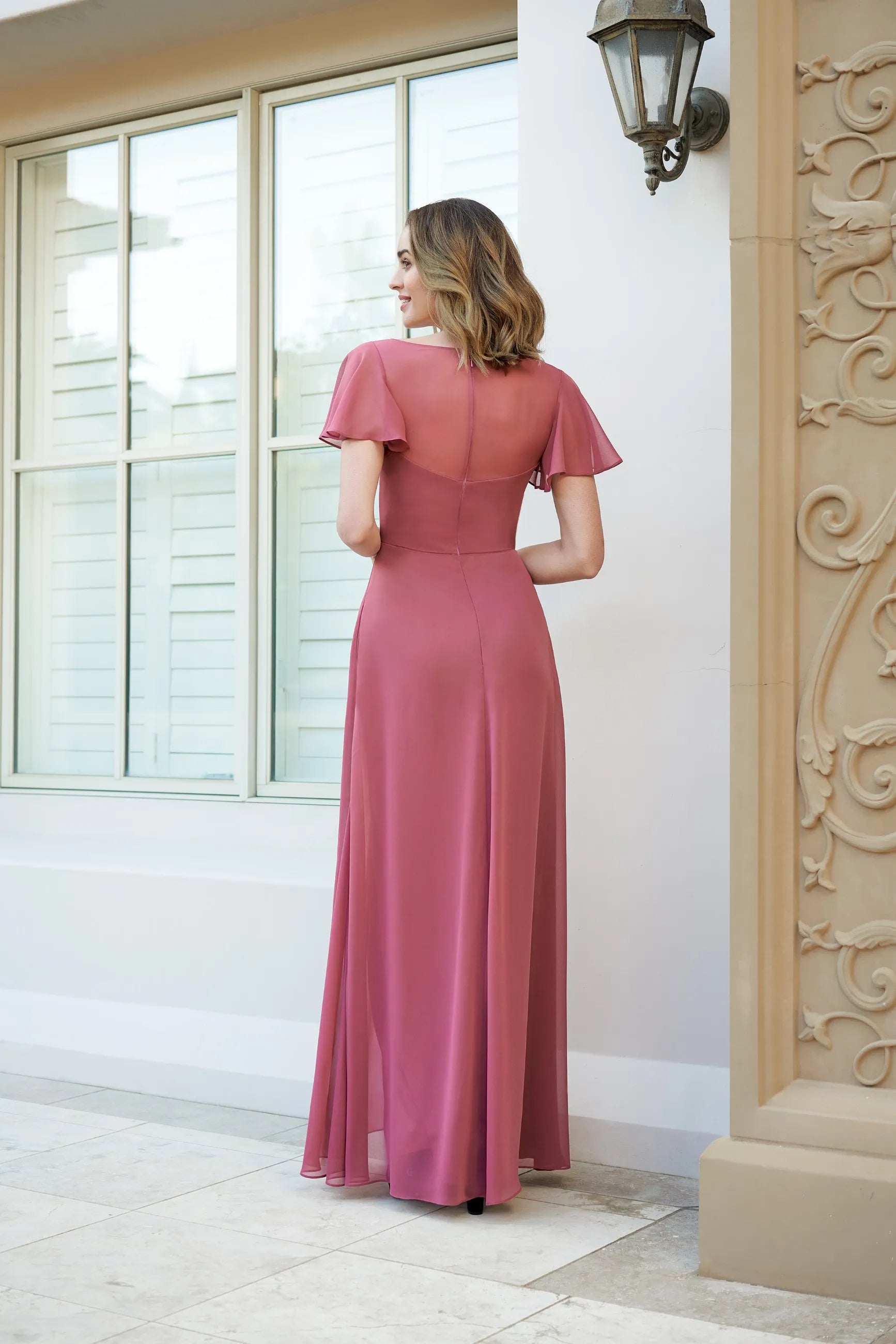 Graceful A-Line Square Neck Flutter Sleeve Dusty Rose Floor-Length Prom Dress