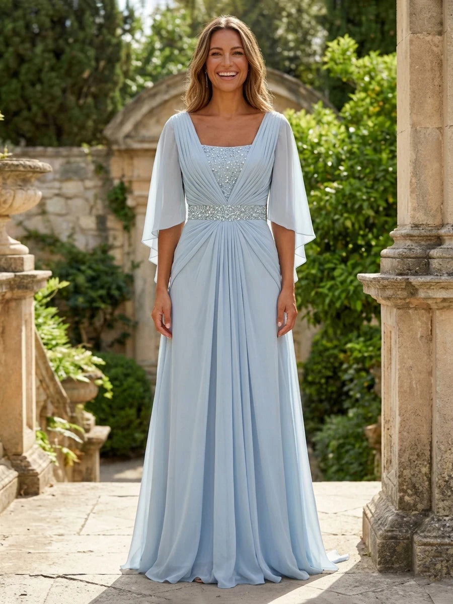Graceful A-Line V-Neck Sleeved Beaded Blue Mother of the Bride Dress