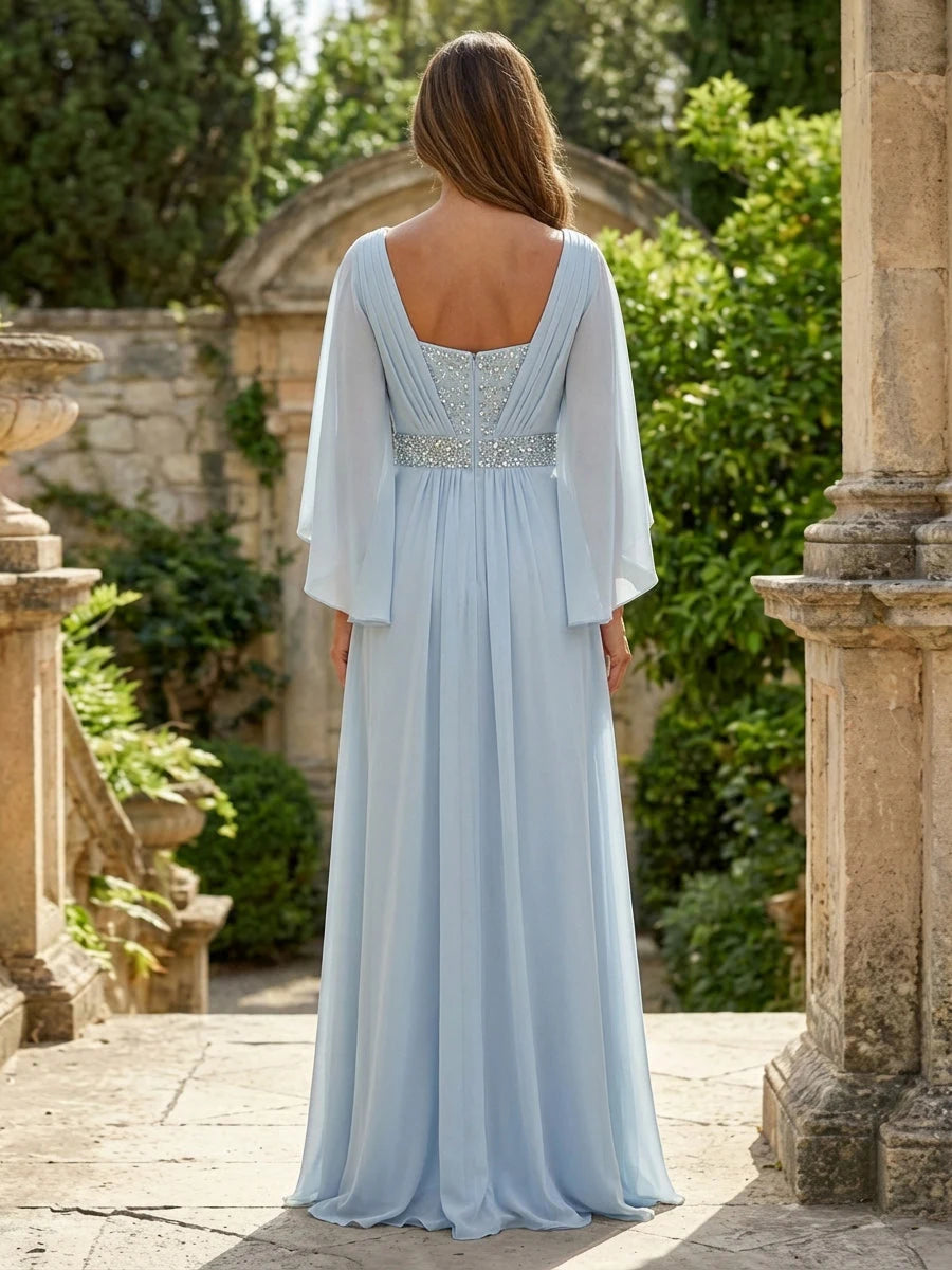 Graceful A-Line V-Neck Sleeved Beaded Blue Mother of the Bride Dress