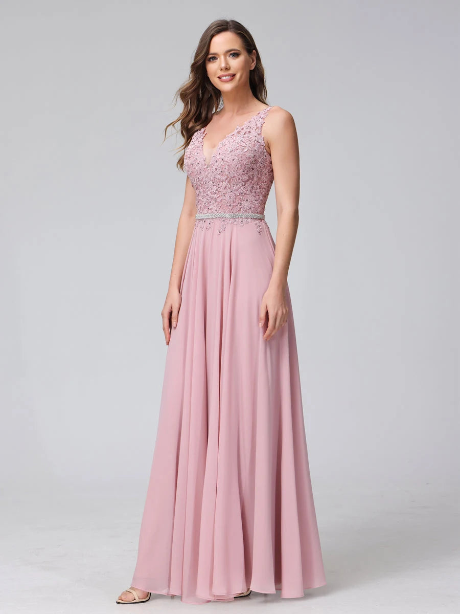 Graceful A-Line V-Neck Sleeveless Beaded Dusty Pink Floor-Length Prom Dress