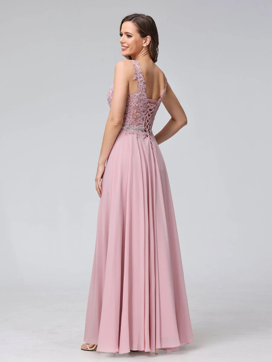 Graceful A-Line V-Neck Sleeveless Beaded Dusty Pink Floor-Length Prom Dress
