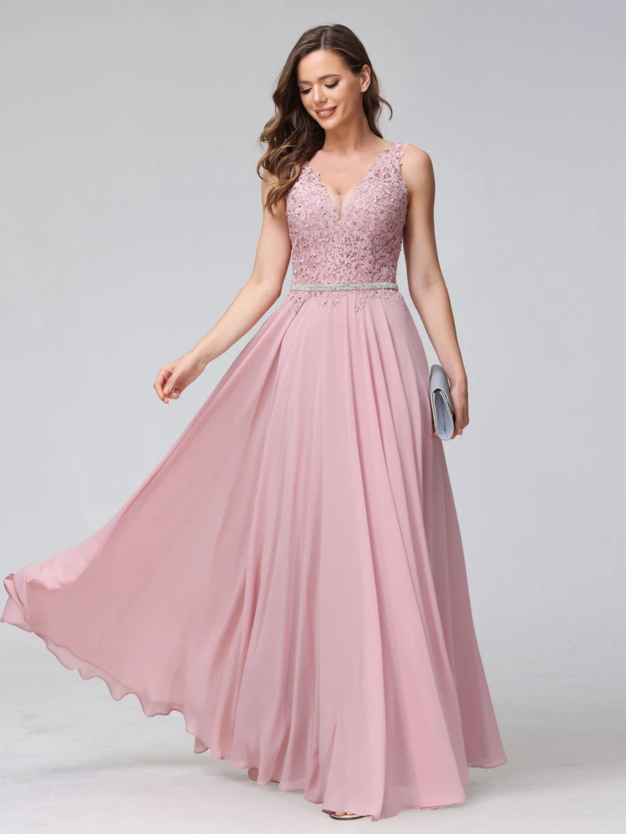 Graceful A-Line V-Neck Sleeveless Beaded Dusty Pink Floor-Length Prom Dress