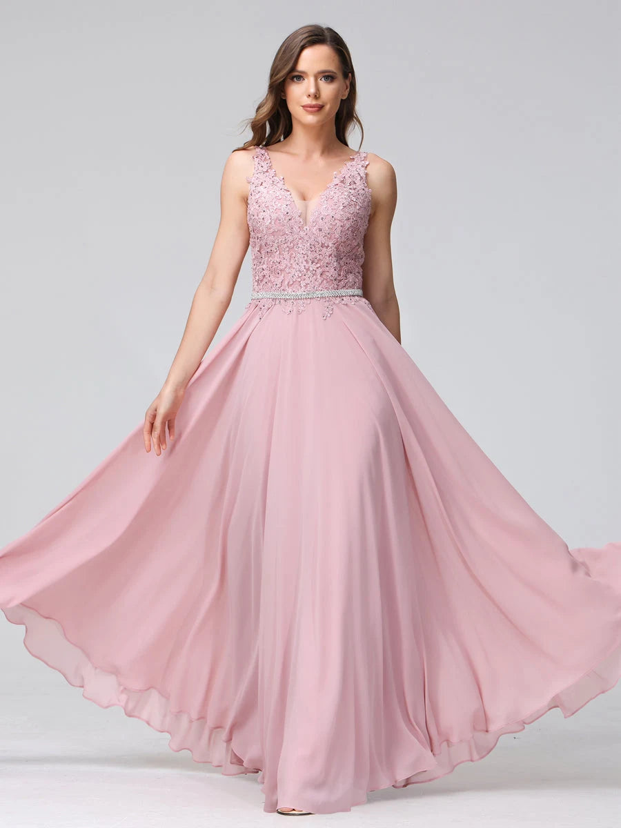 Graceful A-Line V-Neck Sleeveless Beaded Dusty Pink Floor-Length Prom Dress