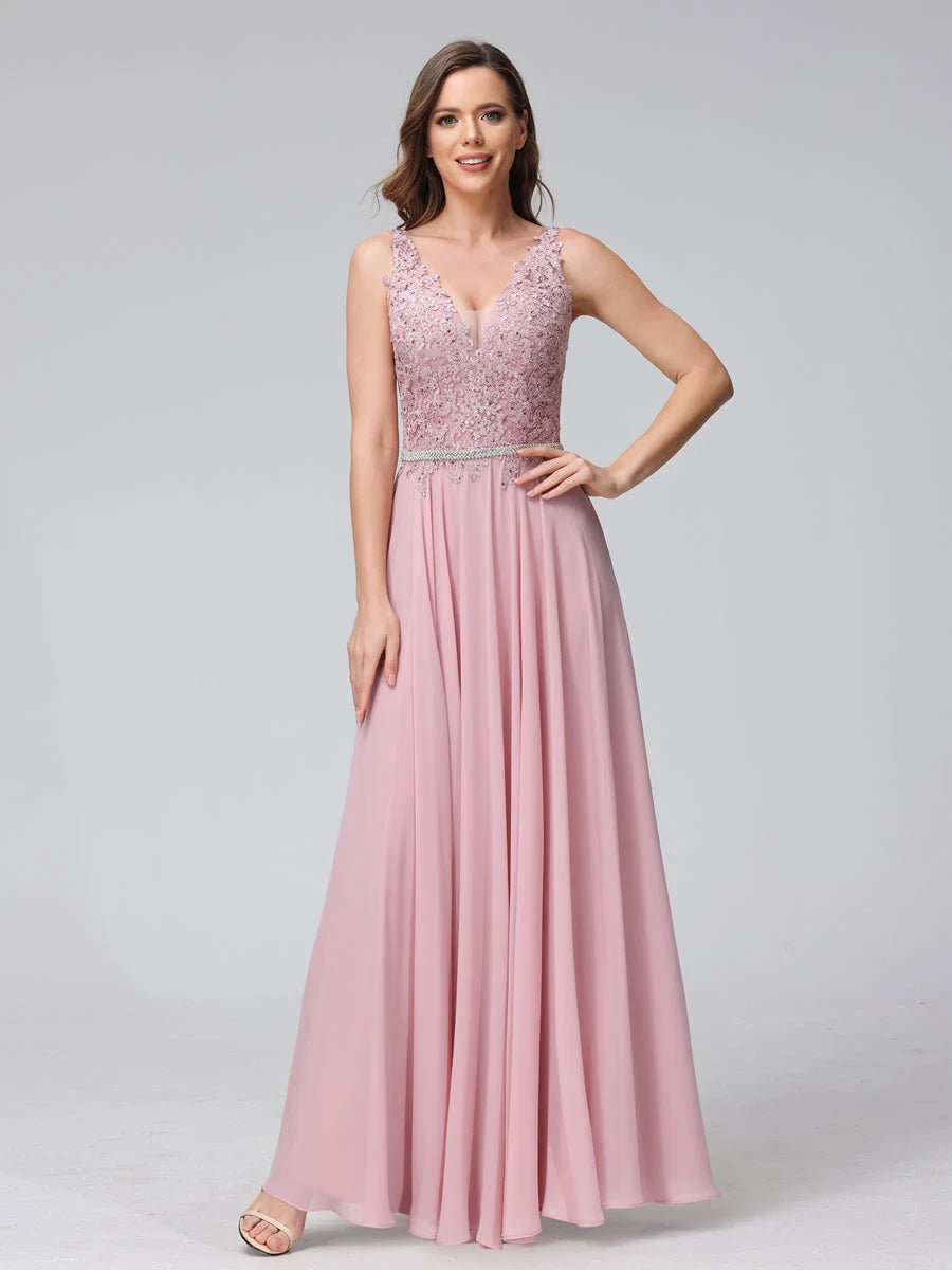 Graceful A-Line V-Neck Sleeveless Beaded Dusty Pink Floor-Length Prom Dress