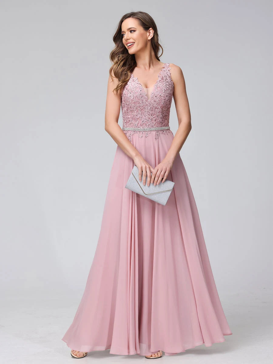 Graceful A-Line V-Neck Sleeveless Beaded Dusty Pink Floor-Length Prom Dress