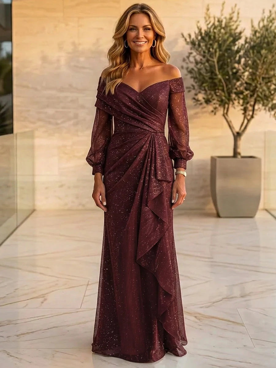 Graceful Sheath Off-Shoulder Long-Sleeve Draped Burgundy Mother of the Bride Dress