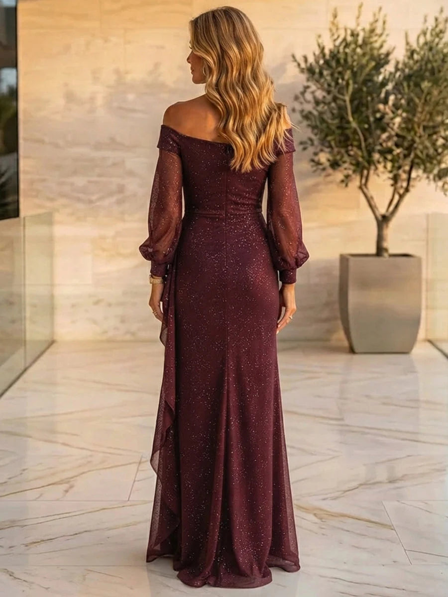Graceful Sheath Off-Shoulder Long-Sleeve Draped Burgundy Mother of the Bride Dress