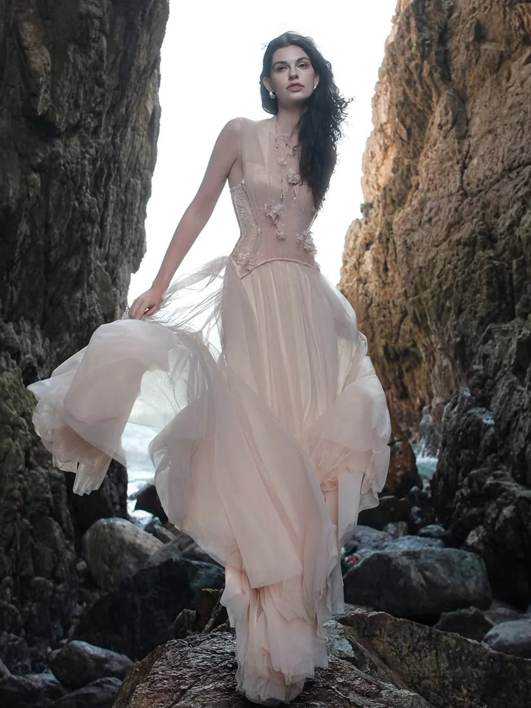 Gradient Sage Blush Tulle Halter Neck Floral Appliqué Maxi Evening Dress