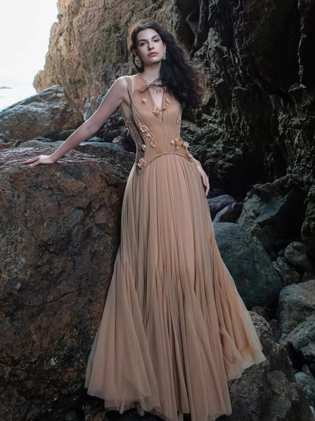 Gradient Sage Blush Tulle Halter Neck Floral Appliqué Maxi Evening Dress