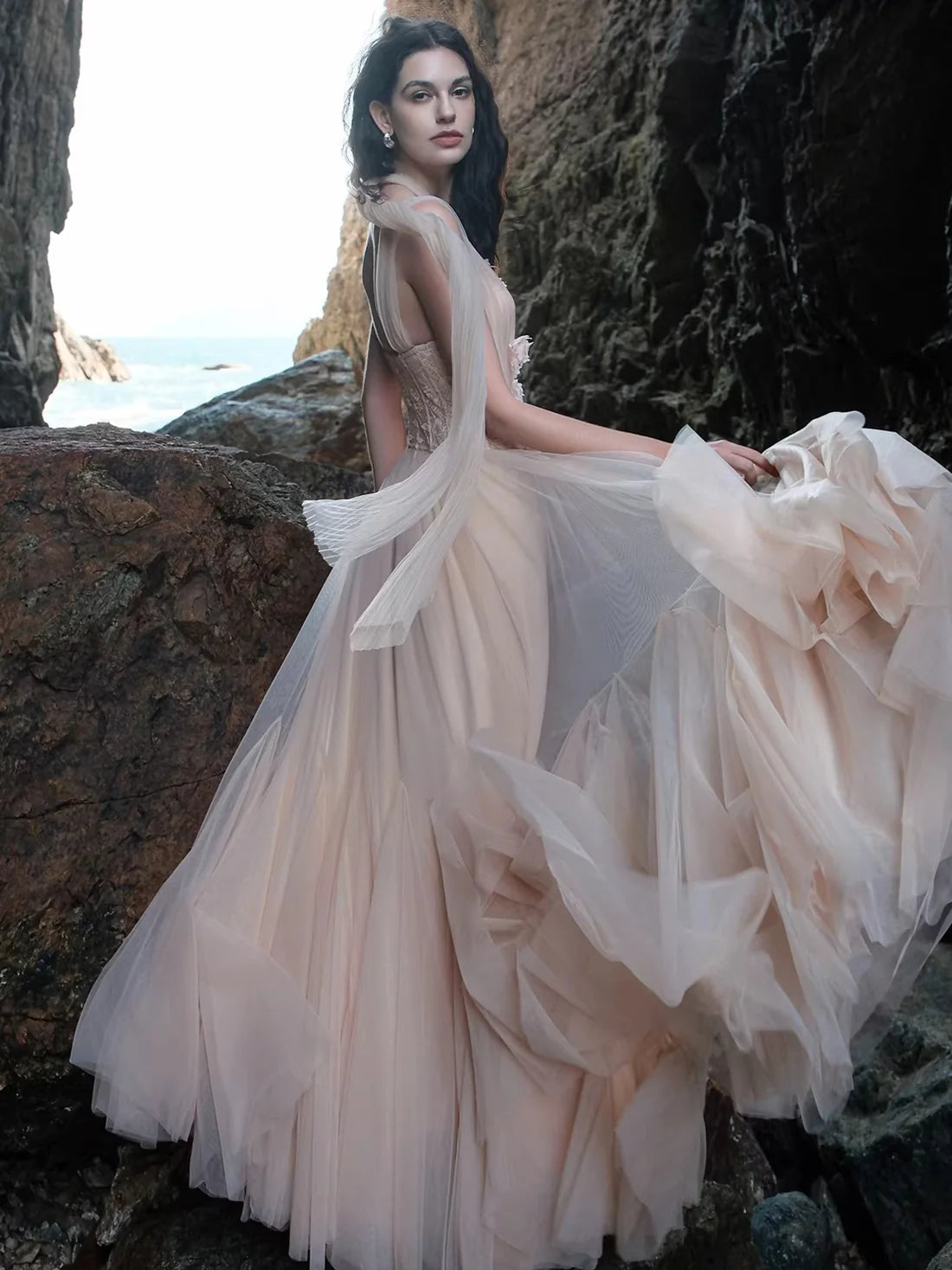 Gradient Sage Blush Tulle Halter Neck Floral Appliqué Maxi Evening Dress