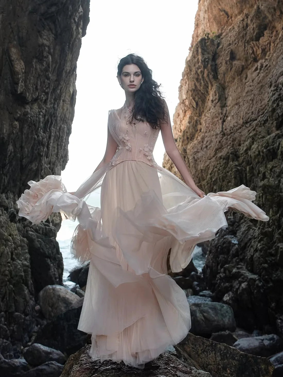 Gradient Sage Blush Tulle Halter Neck Floral Appliqué Maxi Evening Dress