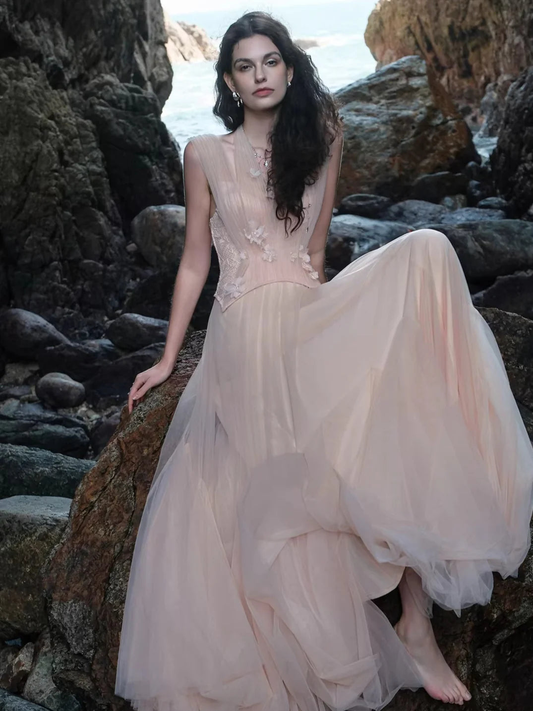 Gradient Sage Blush Tulle Halter Neck Floral Appliqué Maxi Evening Dress