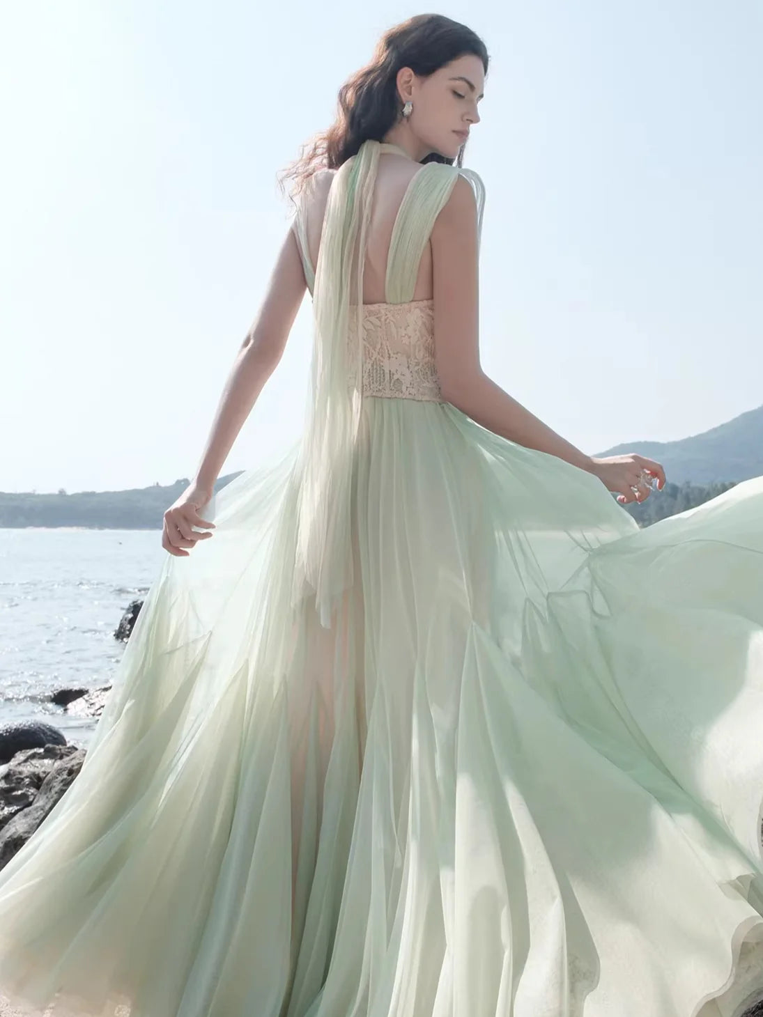 Gradient Sage Blush Tulle Halter Neck Floral Appliqué Maxi Evening Dress