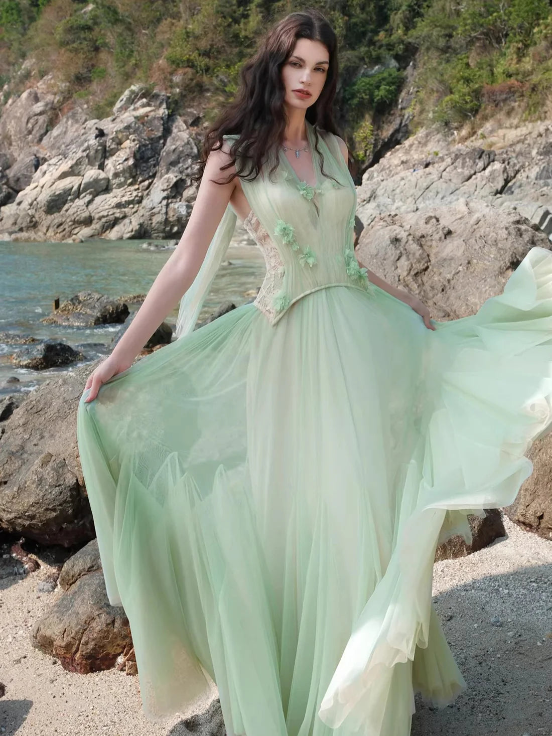 Gradient Sage Blush Tulle Halter Neck Floral Appliqué Maxi Evening Dress
