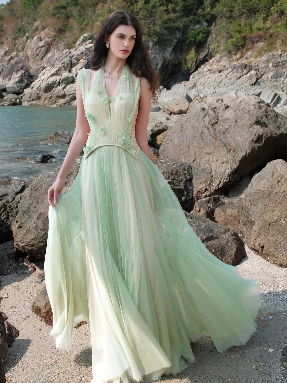 Gradient Sage Blush Tulle Halter Neck Floral Appliqué Maxi Evening Dress