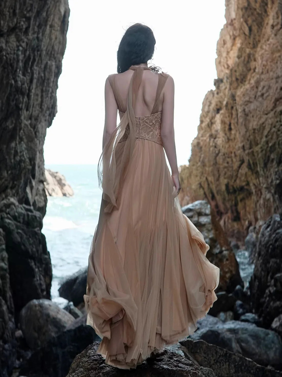 Gradient Sage Blush Tulle Halter Neck Floral Appliqué Maxi Evening Dress