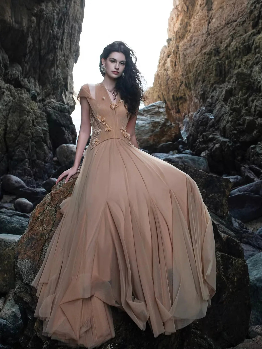 Gradient Sage Blush Tulle Halter Neck Floral Appliqué Maxi Evening Dress