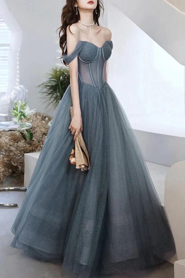 A-line Tulle Off-the-Shoulder Long Prom Dresses Evening Gowns