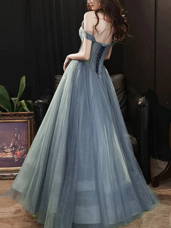 A-line Tulle Off-the-Shoulder Long Prom Dresses Evening Gowns
