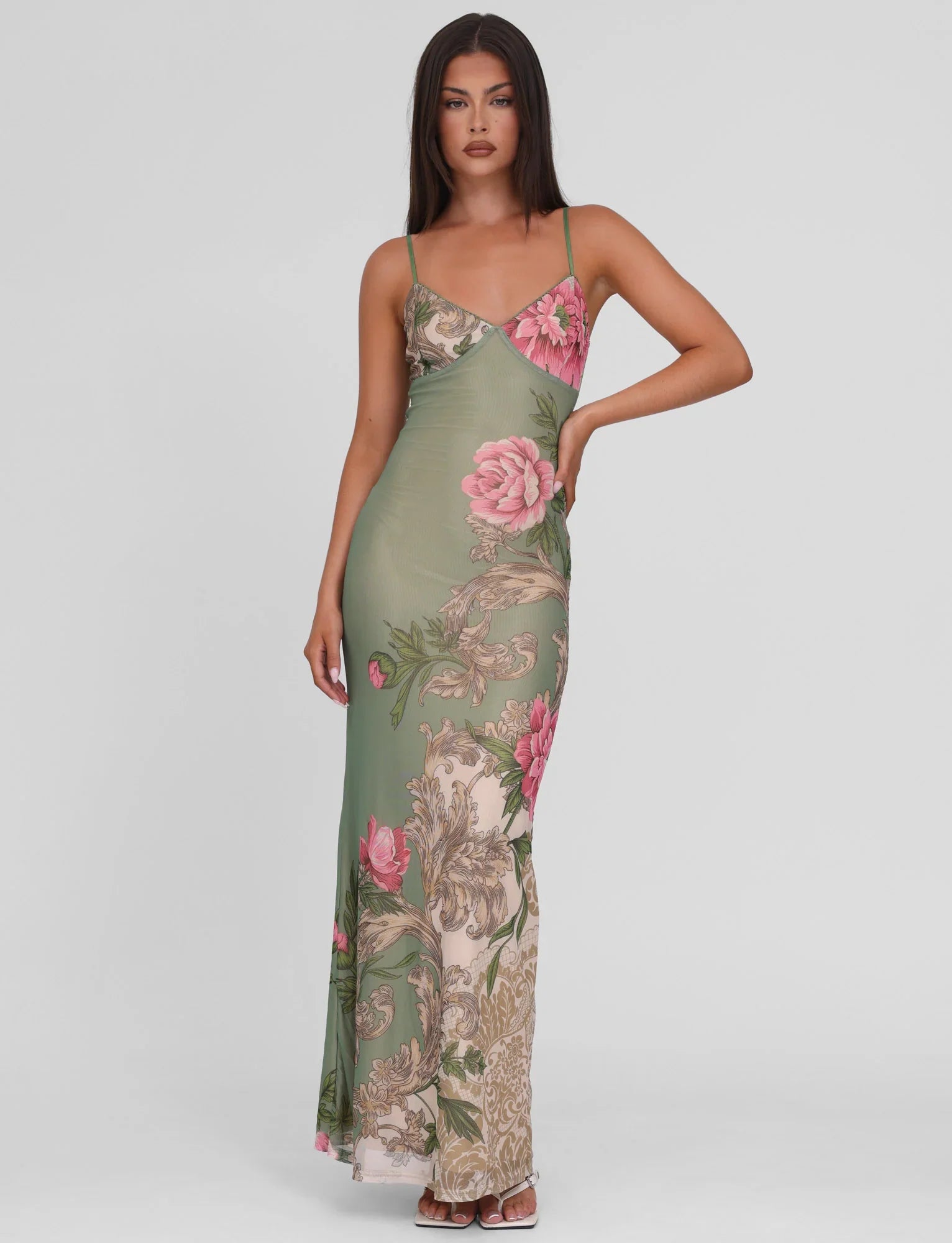 Green Floral Print Spaghetti Strap V Neck Sheer Mesh Floor Length Prom Dress