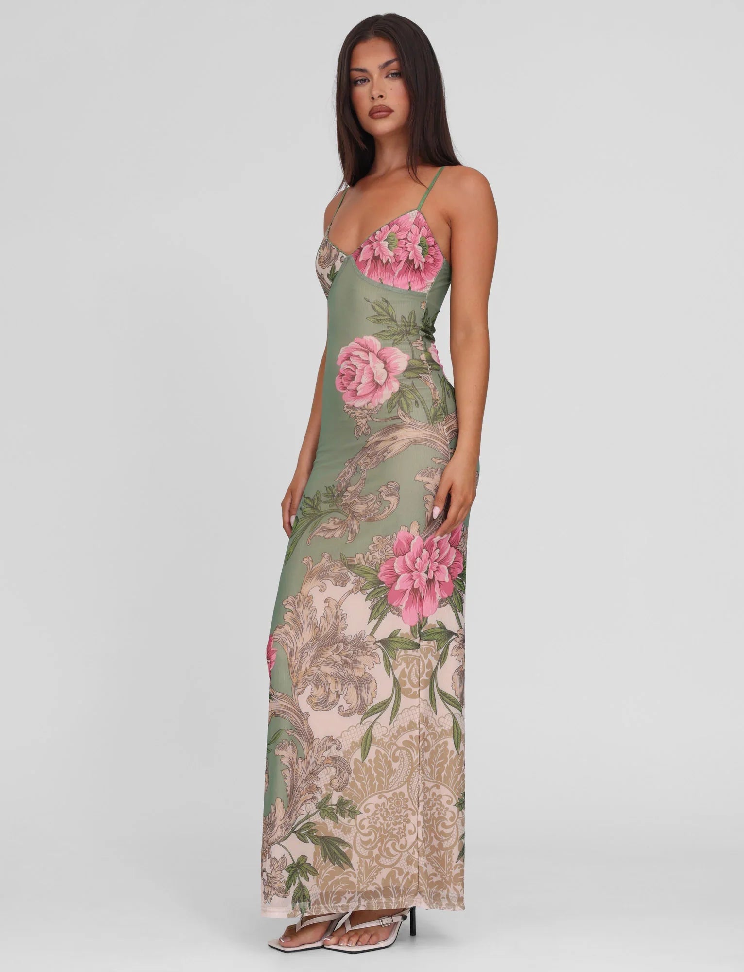 Green Floral Print Spaghetti Strap V Neck Sheer Mesh Floor Length Prom Dress