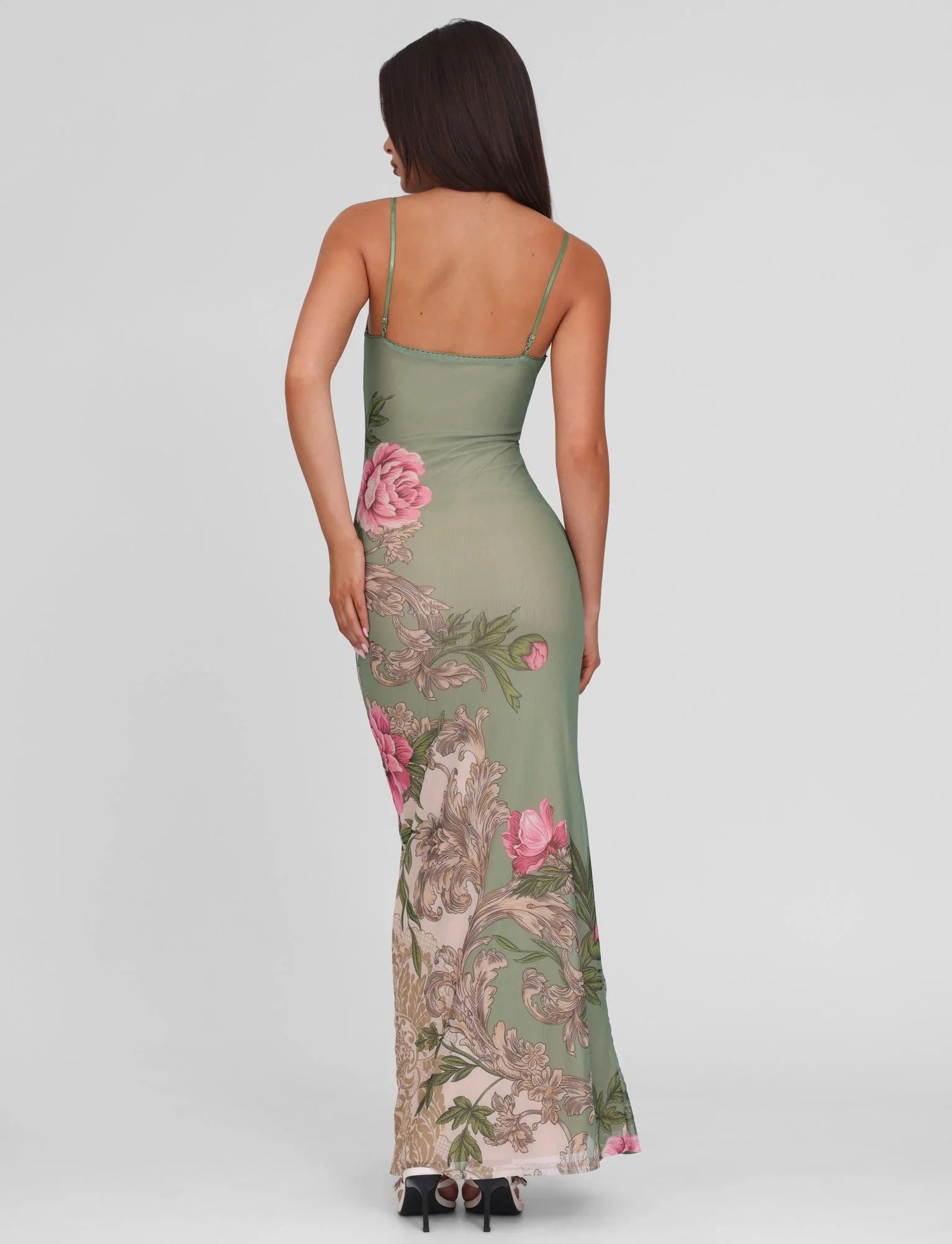Green Floral Print Spaghetti Strap V Neck Sheer Mesh Floor Length Prom Dress