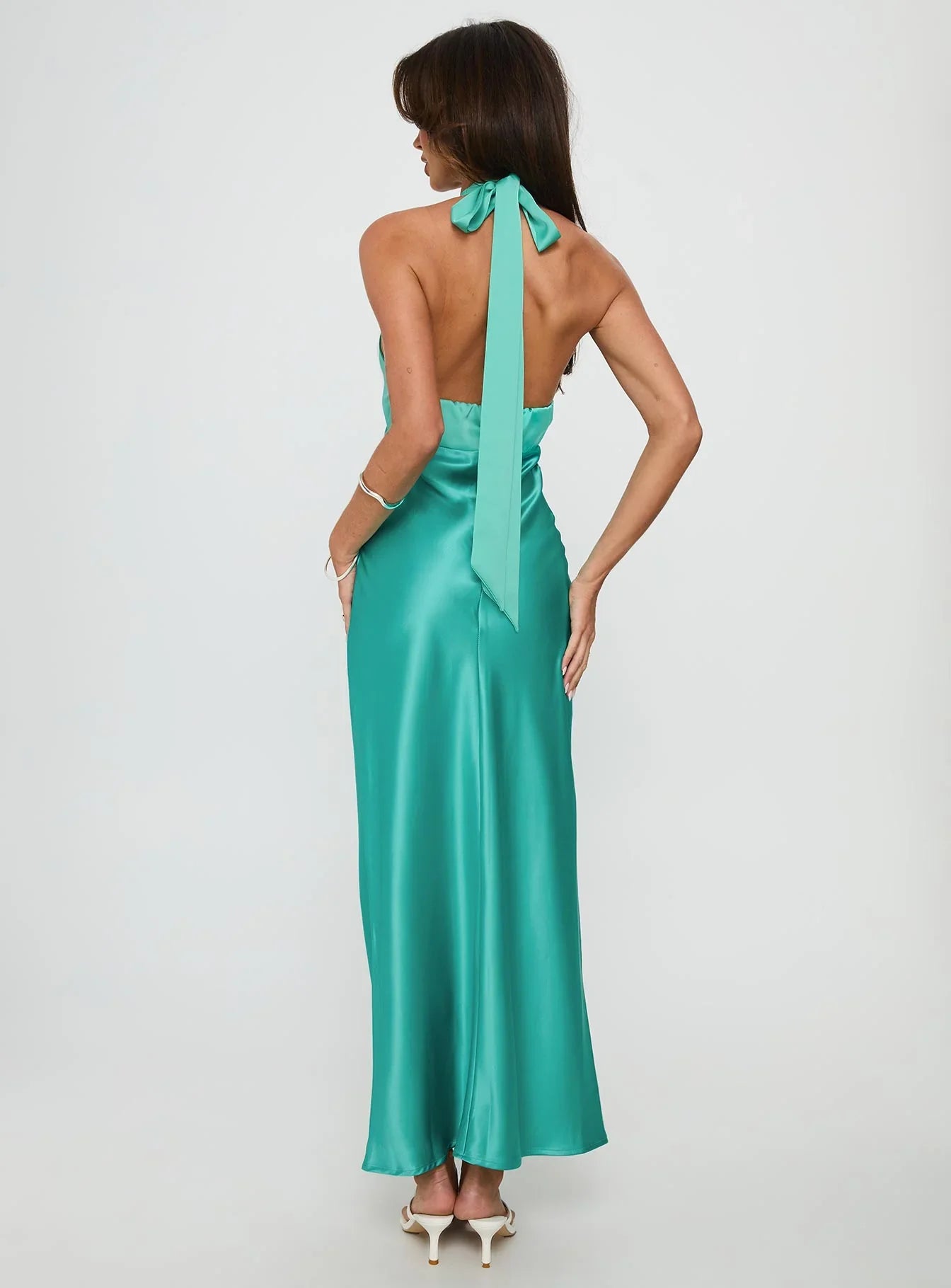 Green Halter Prom Dress with Satin Fabric and Bow Back for Formal Events and Prom Nights