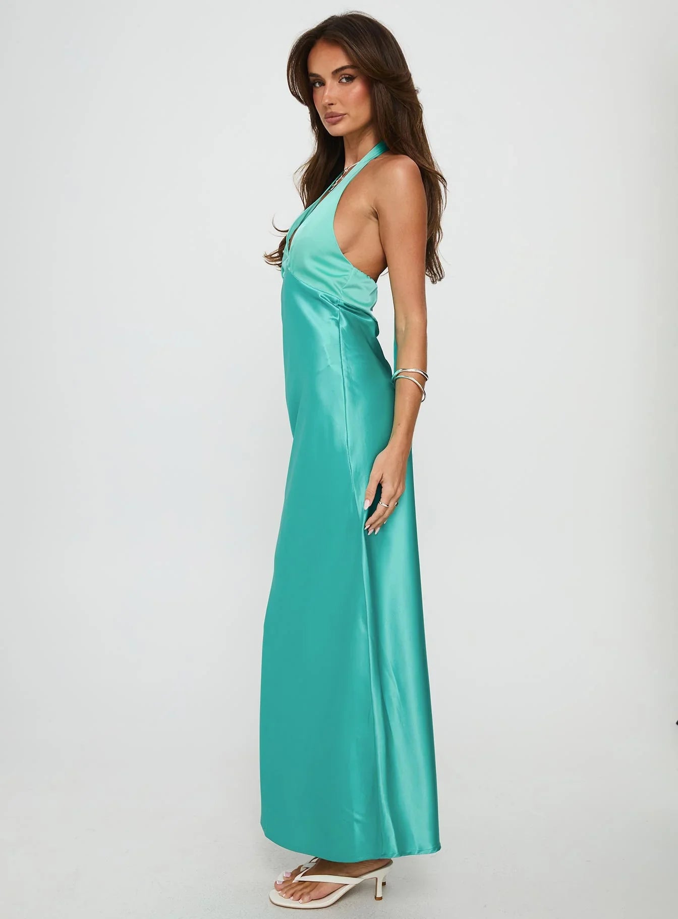Green Halter Prom Dress with Satin Fabric and Bow Back for Formal Events and Prom Nights