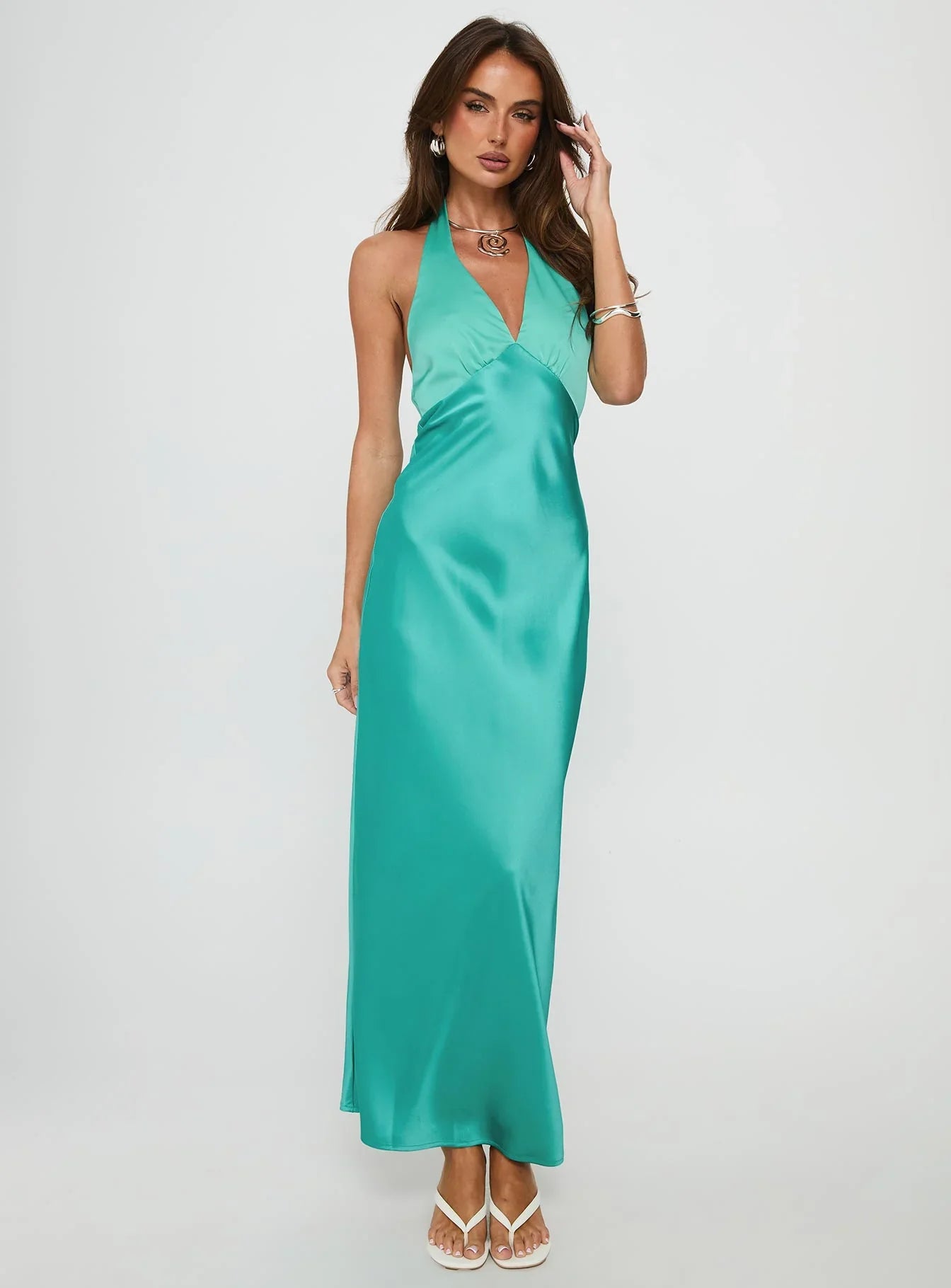 Green Halter Prom Dress with Satin Fabric and Bow Back for Formal Events and Prom Nights