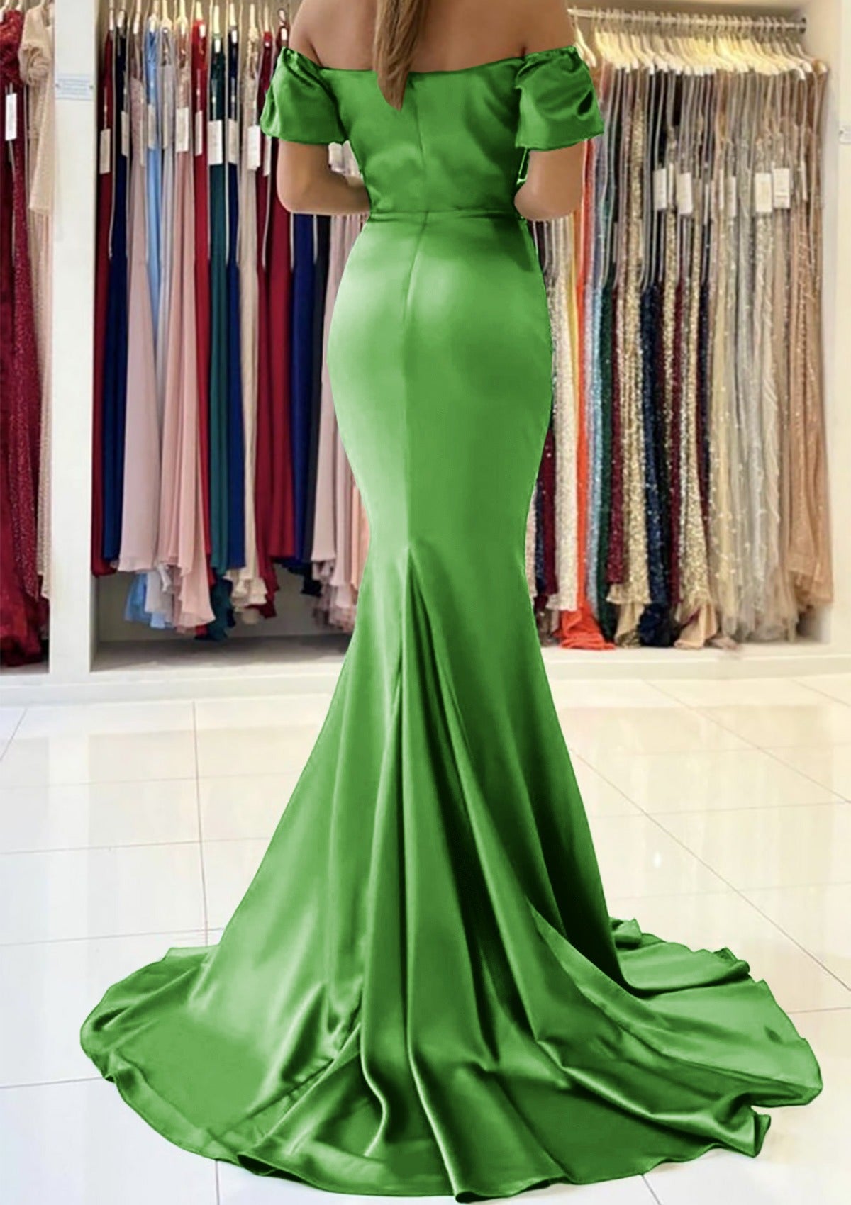 Green Off The Shoulder Puff Sleeve Satin Mermaid Long Formal Evening Prom Dress