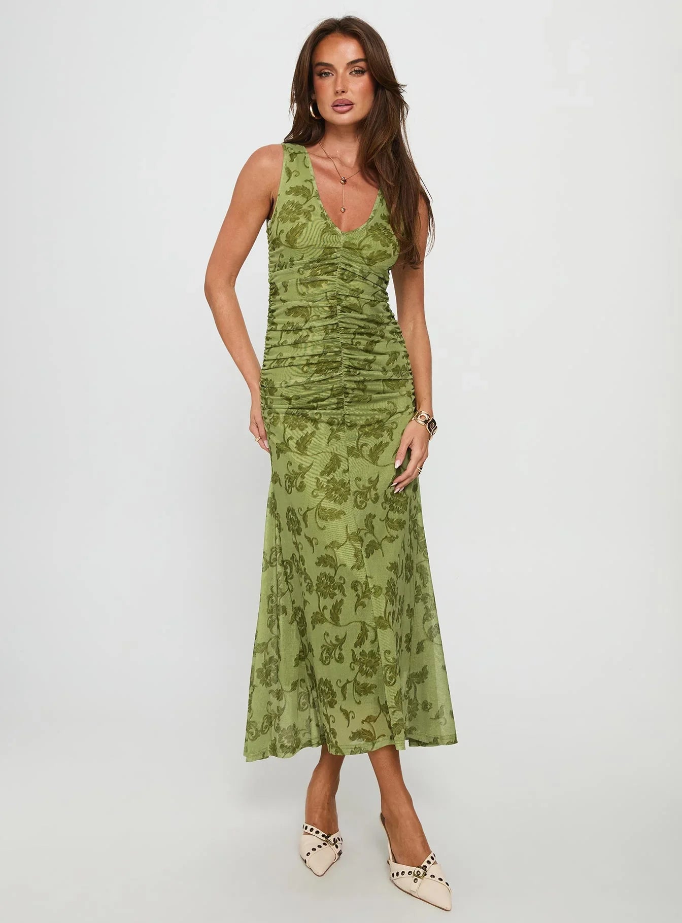 Green Sleeveless Prom Dress with Floral Print and Ruched Front for Formal Events and Prom Nights