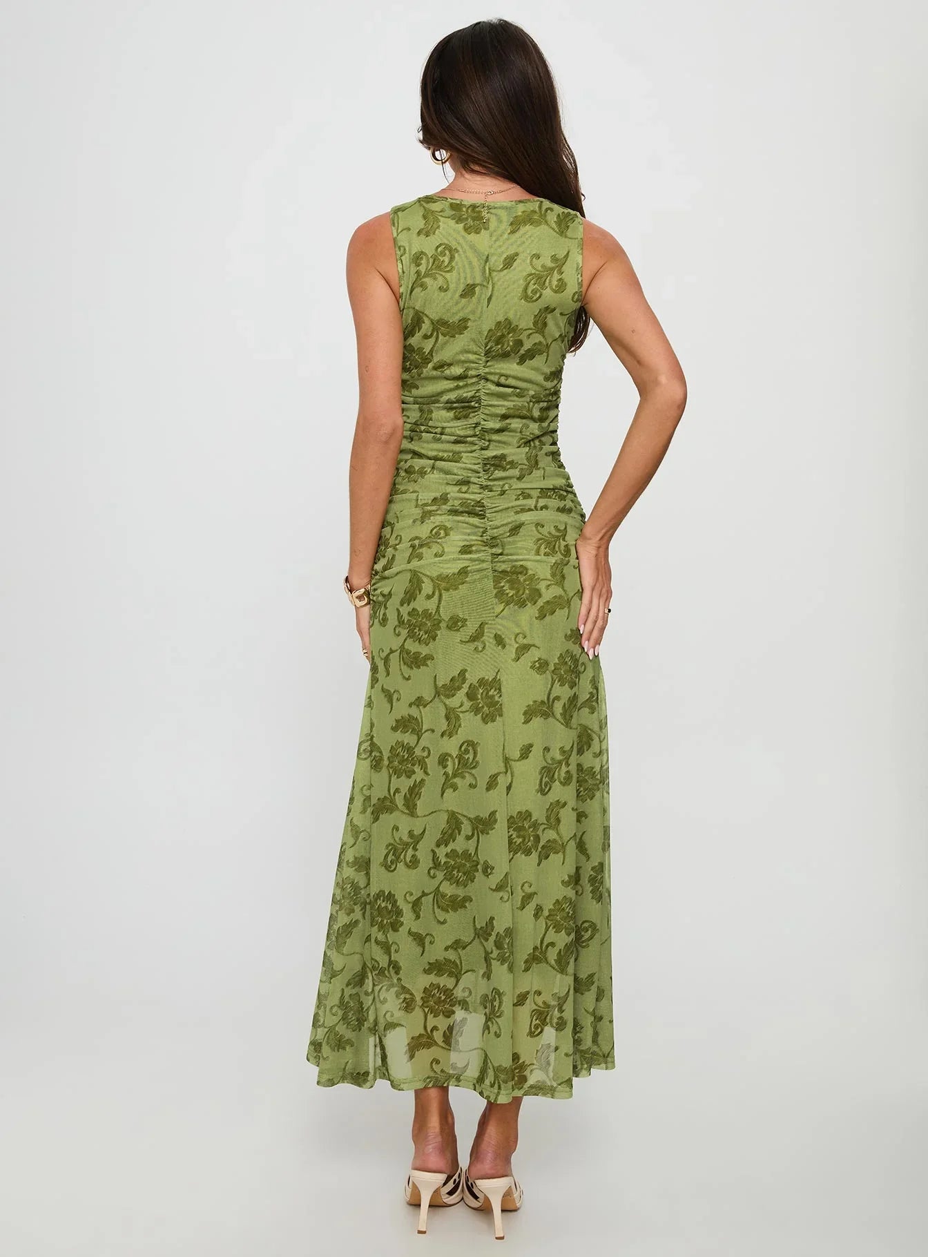 Green Sleeveless Prom Dress with Floral Print and Ruched Front for Formal Events and Prom Nights