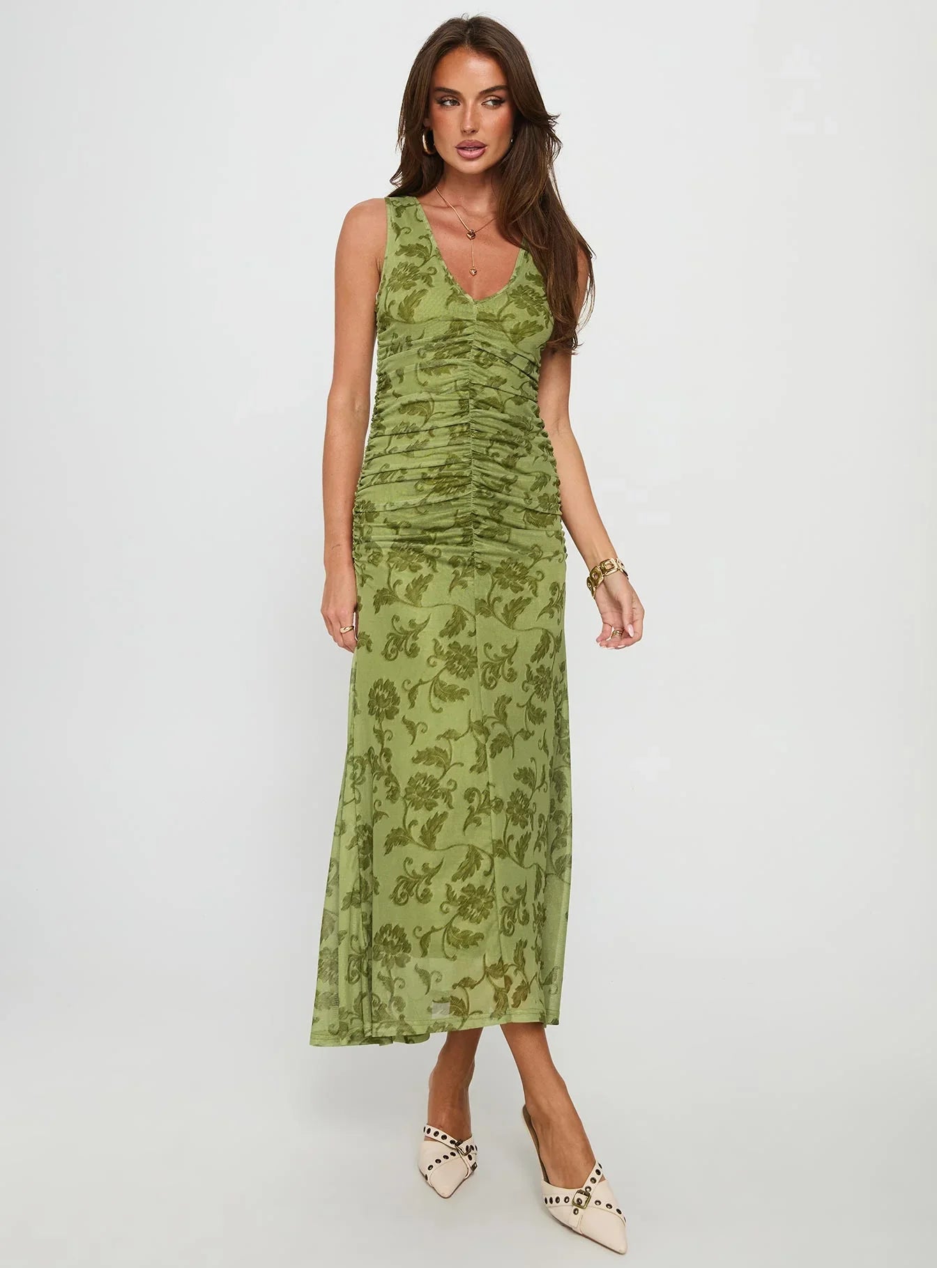 Green Sleeveless Prom Dress with Floral Print and Ruched Front for Formal Events and Prom Nights