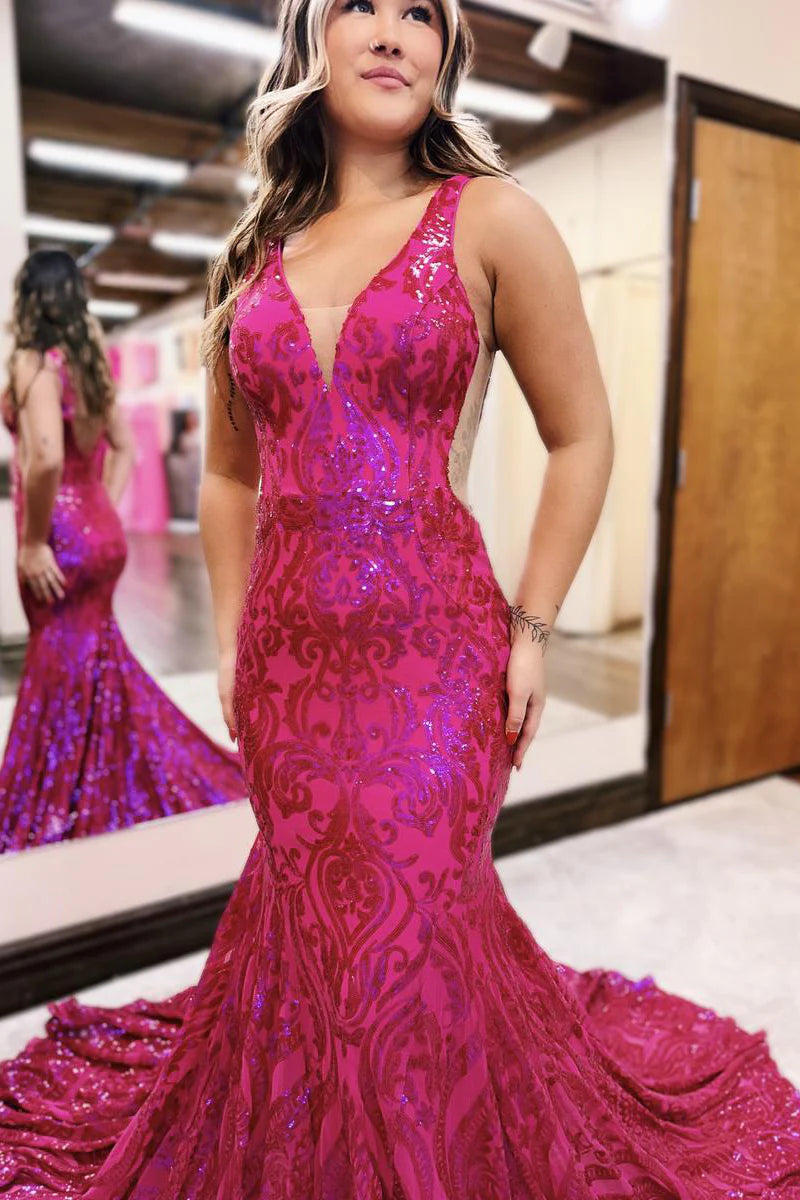 Mermaid V Neck Sequins Lace Long Prom Dress