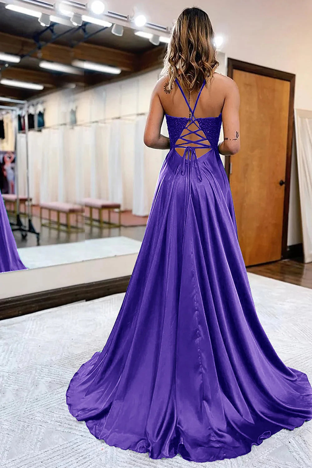 A-Line Appliques Satin Prom Dress with Slit