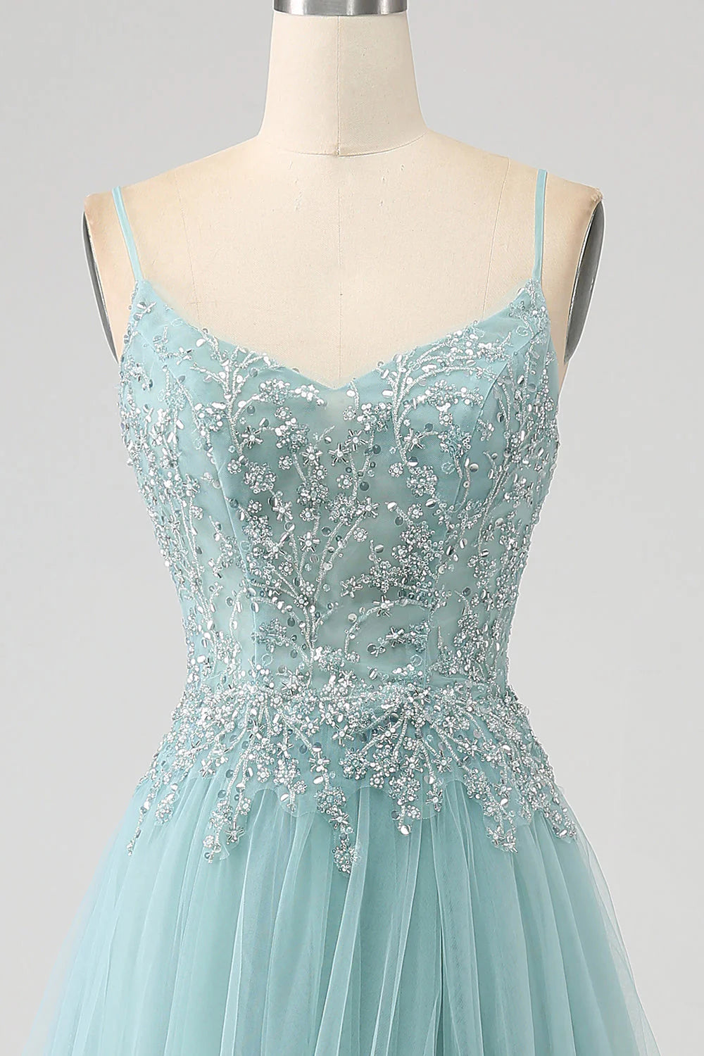 A-Line Sequin Applique Corset Prom Dress With Slit