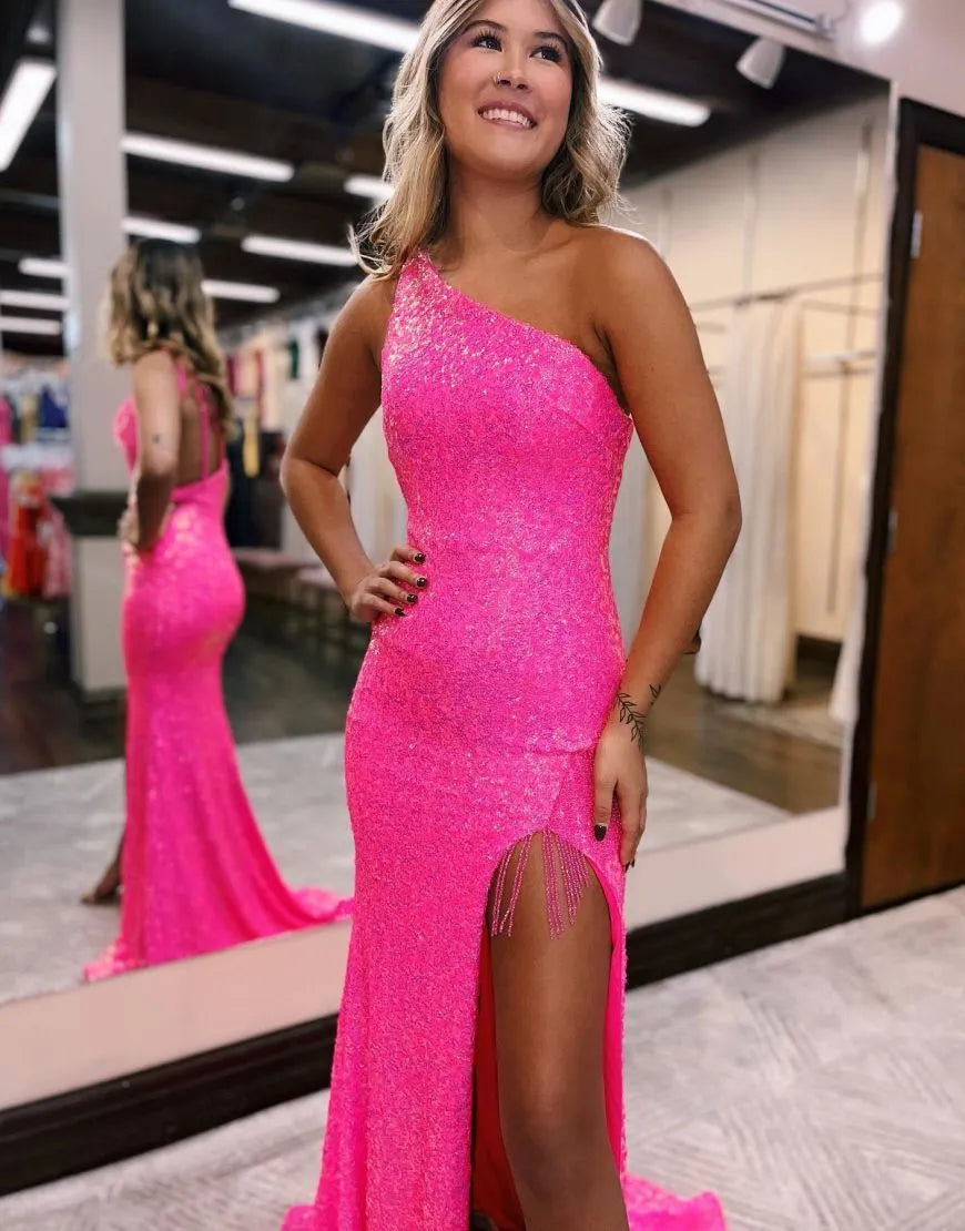 One Shoulder Sparkly Sequin Long Glitter Prom Dress