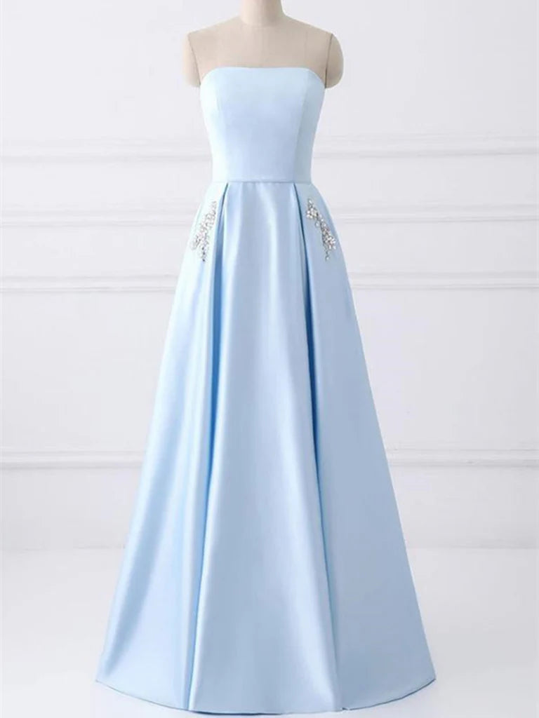A-line Strapless Simple Long Prom Dresses Formal Evening Dresses