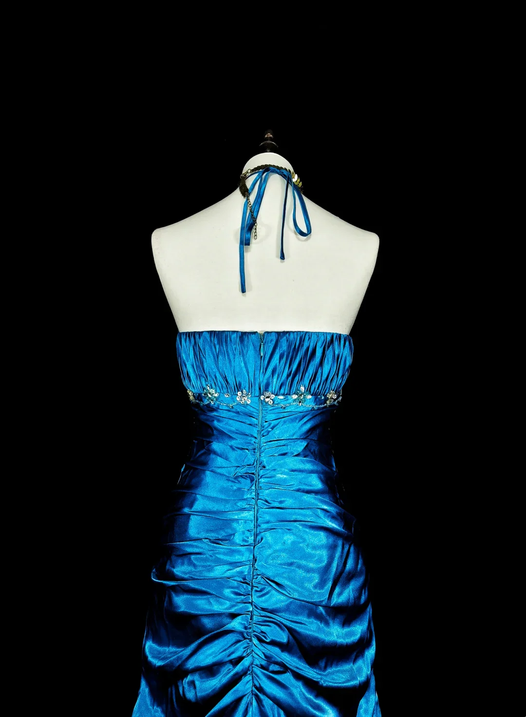 Halter Neck Beaded Ruched Satin Mermaid Evening Dress with Train and Back Tie Closure