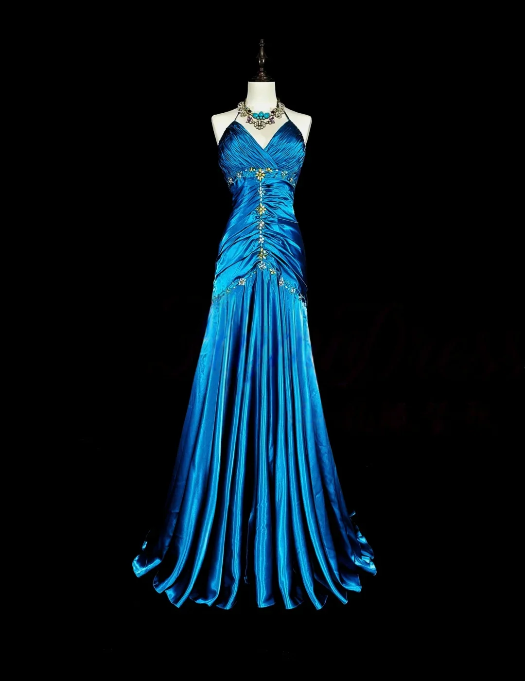 Halter Neck Beaded Ruched Satin Mermaid Evening Dress with Train and Back Tie Closure