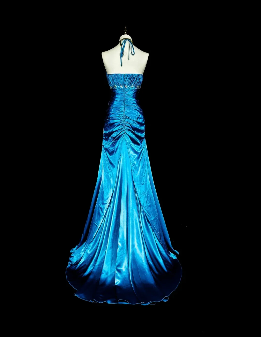 Halter Neck Beaded Ruched Satin Mermaid Evening Dress with Train and Back Tie Closure