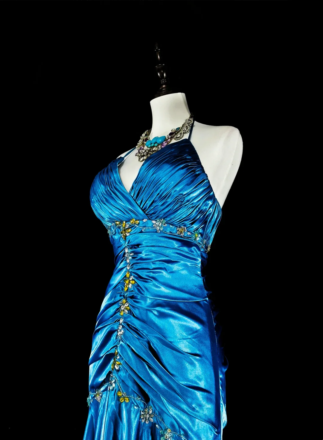Halter Neck Beaded Ruched Satin Mermaid Evening Dress with Train and Back Tie Closure