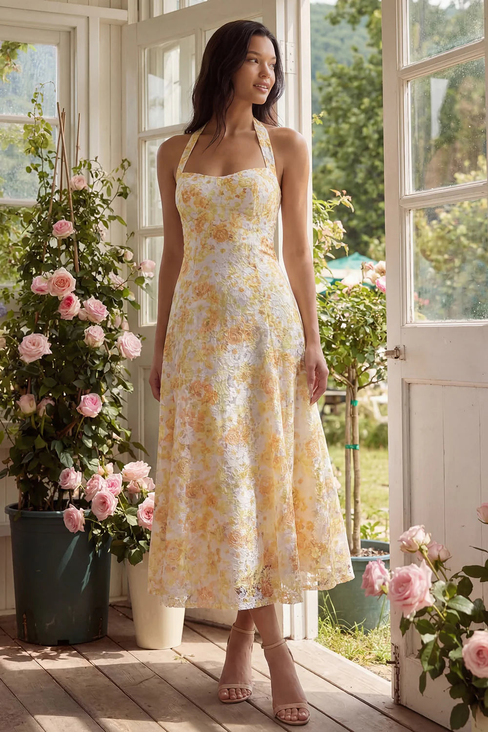 Halter Neck Bow Detail Yellow Floral Embroidered A-Line Midi Dress Prom Dress