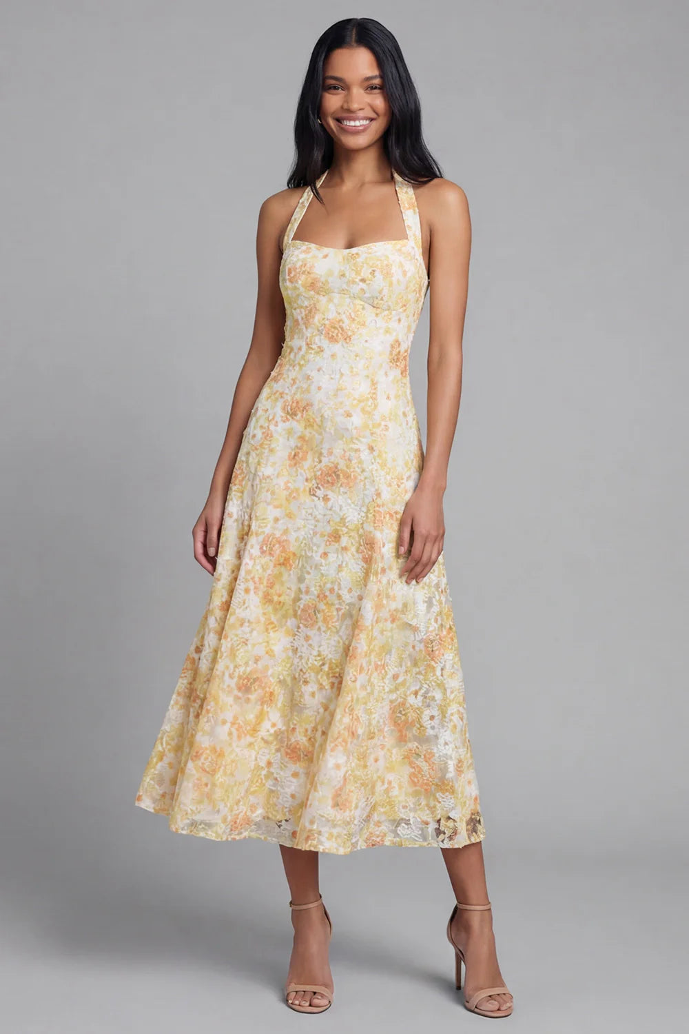 Halter Neck Bow Detail Yellow Floral Embroidered A-Line Midi Dress Prom Dress