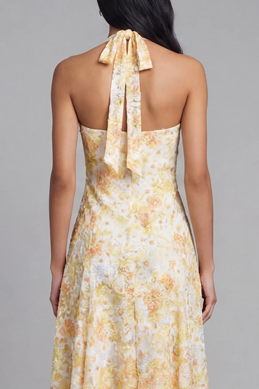 Halter Neck Bow Detail Yellow Floral Embroidered A-Line Midi Dress Prom Dress
