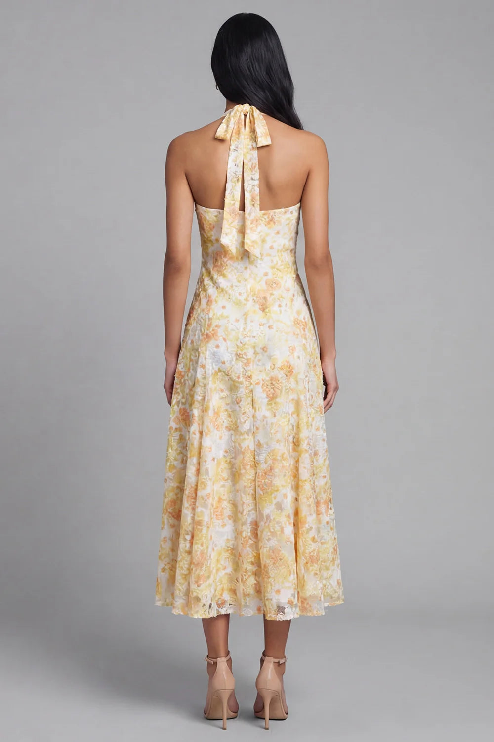 Halter Neck Bow Detail Yellow Floral Embroidered A-Line Midi Dress Prom Dress