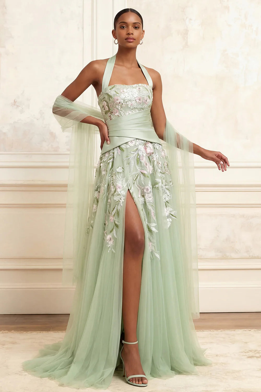 Halter Neck Floral Embroidered A-Line Gown with Satin Waist Sash, Side Slit and Detachable Tulle Wrap Prom Dress